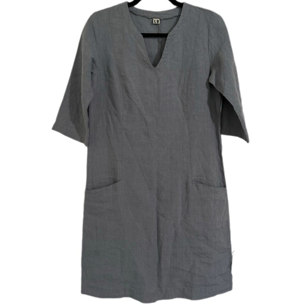 Lenok Len Ok 3/4 Sleeve 100% Linen Blue Tunic V Neck Dress w Pockets Size XS